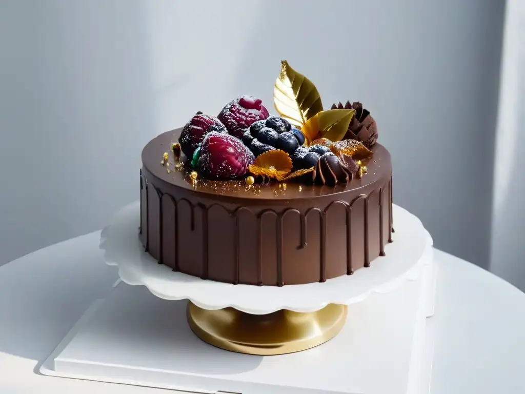 Un exquisito diseño de pastel de chocolate con detalles intrincados y toques de hoja de oro, sobre un pedestal blanco moderno