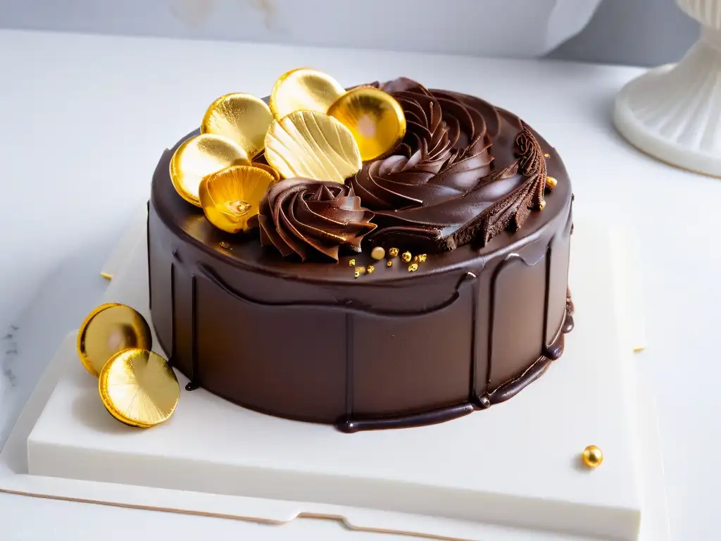 Exquisito diseño de pastel de chocolate con detalles intrincados y toques de oro comestible, en plato de mármol blanco