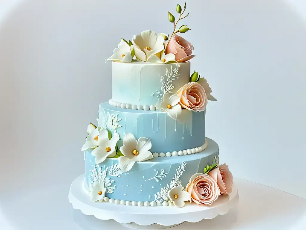 Un exquisito diseño de pasteles de lujo con encaje blanco y flores de azúcar en tonos pastel