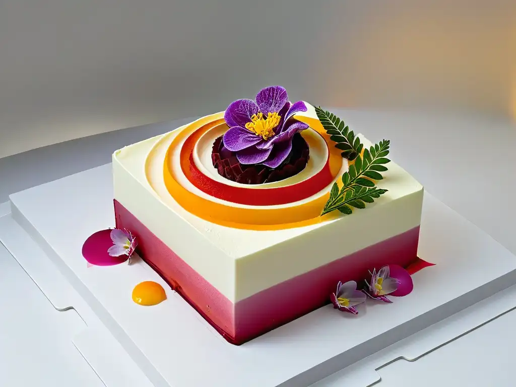 Exquisito diseño de postres innovadores: capas de colores vibrantes y texturas, con una flor comestible, sobre fondo blanco