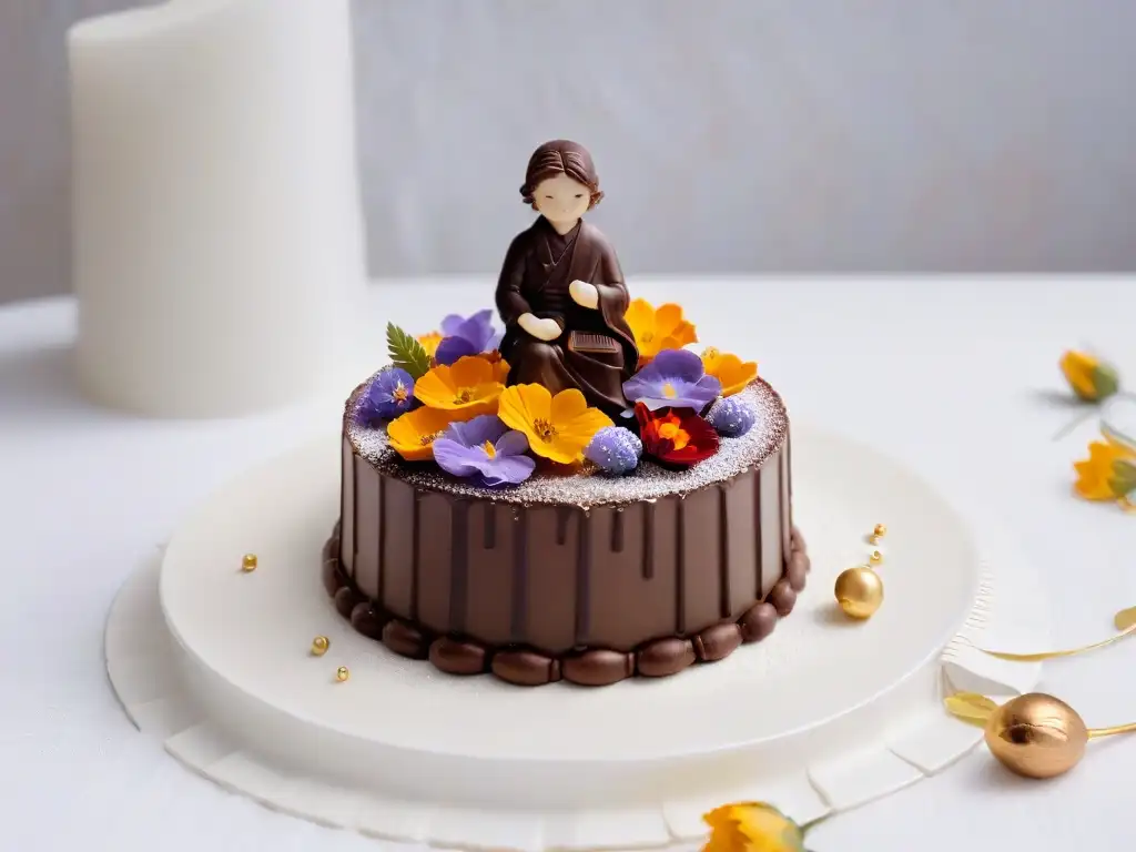 Plato de postre de chocolate con flores comestibles y elegancia Un exquisito diseño de postres de lujo: escultura de chocolate rodeada de flores comestibles y detalles en oro, en elegante mesa de comedor