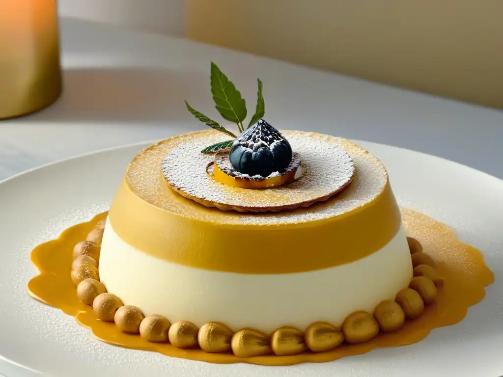 Exquisita obra de arte: postre de lujo con detalles dorados Exquisito diseño de postres de lujo en plato minimalista con detalles dorados y colores vibrantes sobre encimera de mármol