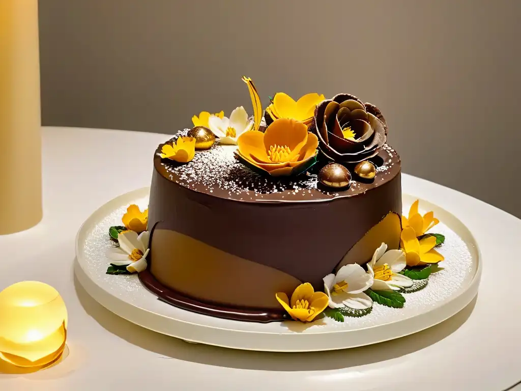 Exquisita escultura de chocolate en presentación minimalista Un exquisito diseño de postres de lujo con escultura de chocolate, flores comestibles y hojas de oro