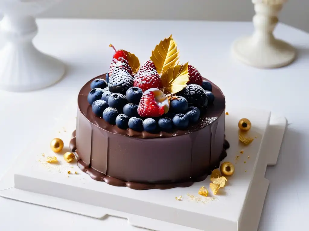Escultura de chocolate exquisita: lujo y elegancia en postre gourmet Exquisito diseño de postres de lujo con escultura de chocolate, oro comestible y bayas frescas en plato blanco
