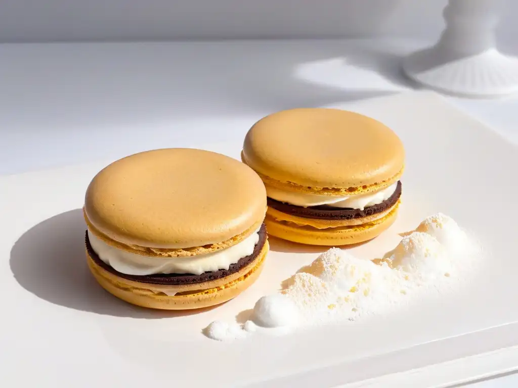 Exquisito macaron dorado sin gluten con textura perfecta y polvo de azúcar, destacando su elegancia