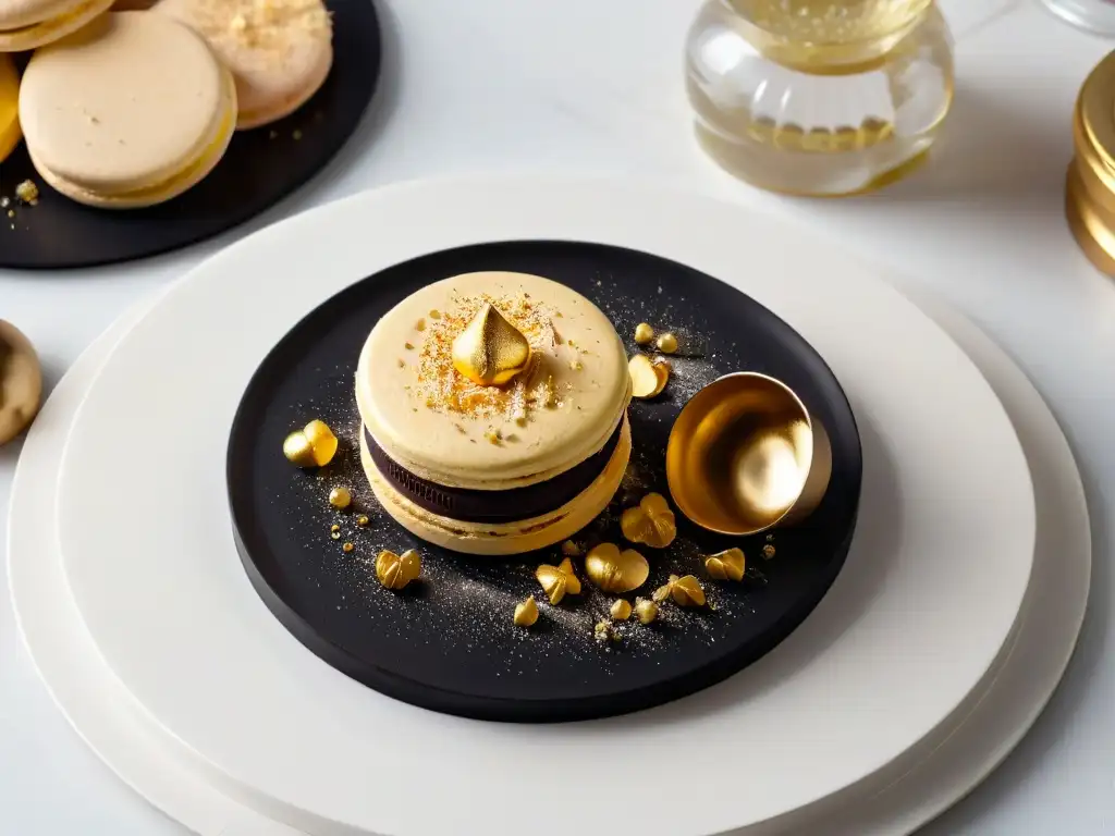 Un exquisito macaron dorado con oro comestible en repostería sobre un elegante plato negro