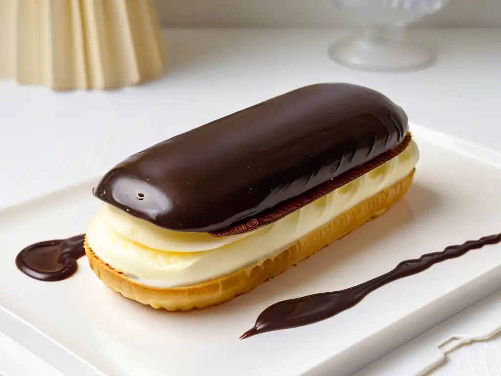 Un exquisito éclair dorado y brillante, relleno de crema de vainilla y cubierto con ganache de chocolate