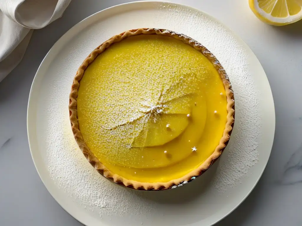 Un exquisito y elegante banquete para la vista: una tarta de limón perfectamente presentada con una pizca de azúcar glas