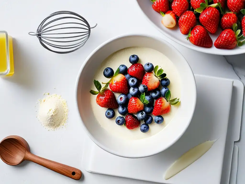 Un exquisito y elegante escenario de cocina con ingredientes frescos y utensilios, ideal para recetas repostería sin gluten