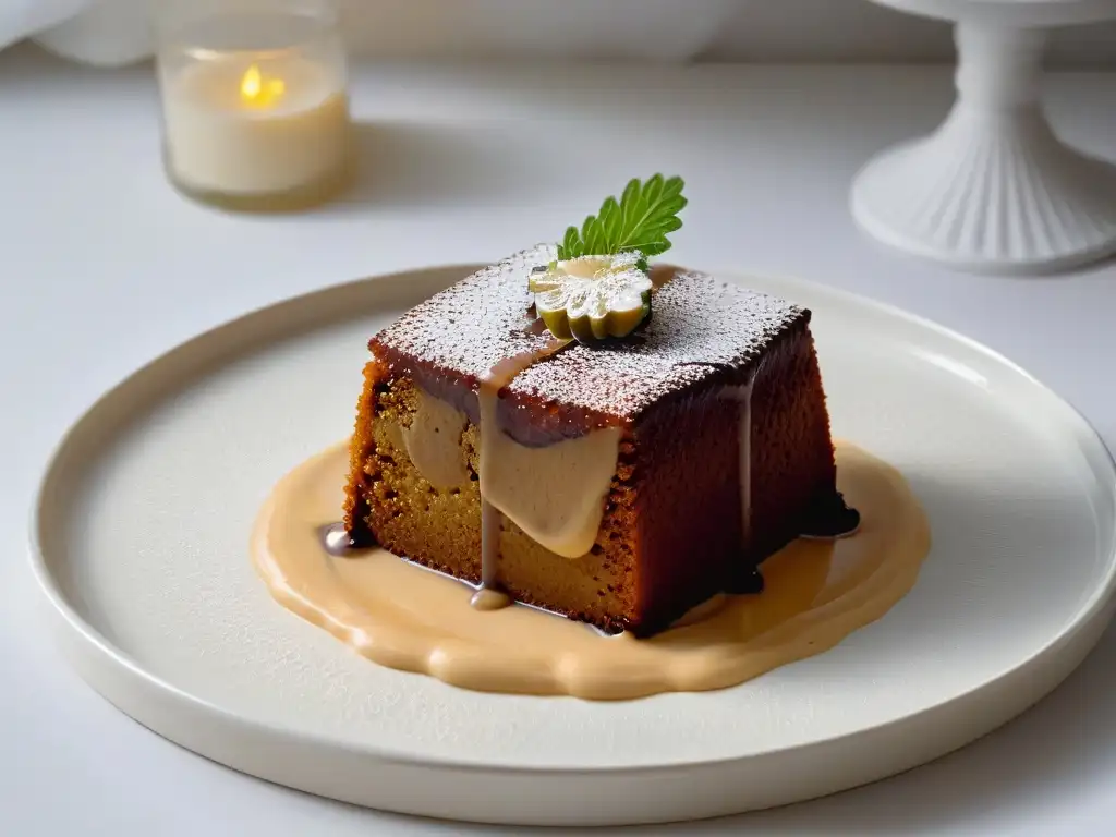 Un exquisito Malva Pudding en un elegante plato blanco sobre mesa negra