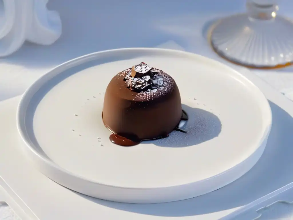 Un exquisito y elegante trufa de chocolate sobre un plato blanco, contrastando sorprendentemente en postres