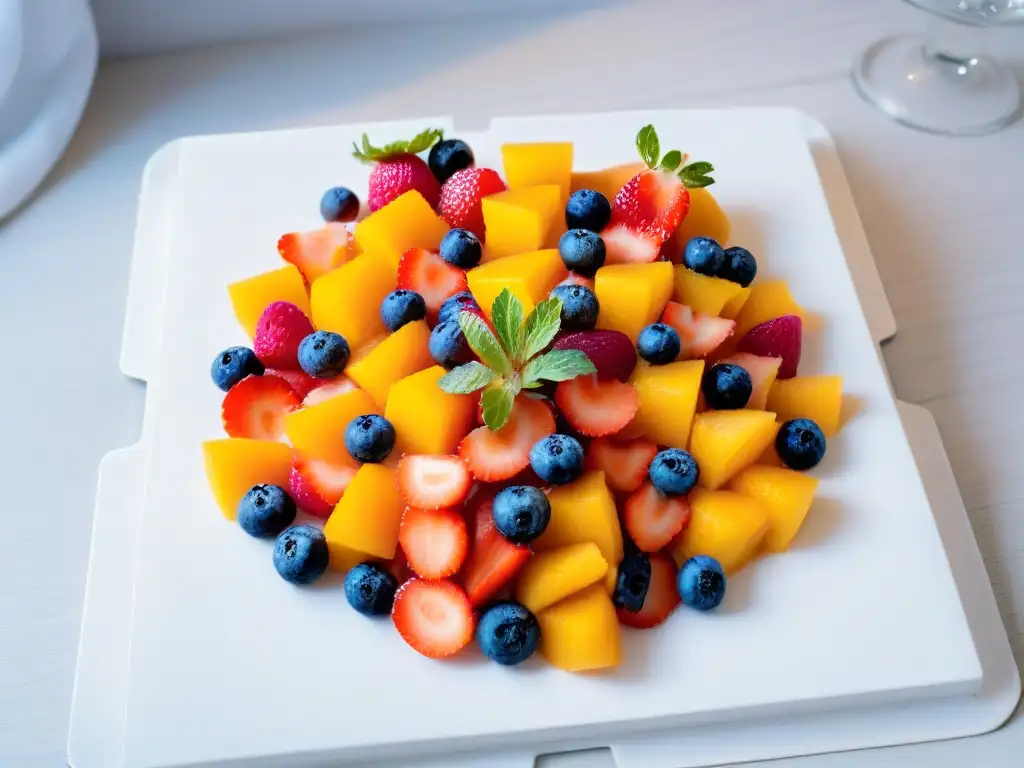 Un exquisito equilibrio de sabores y colores en una ensalada de frutas vibrante y armoniosa, dispuesta con elegancia en un plato blanco