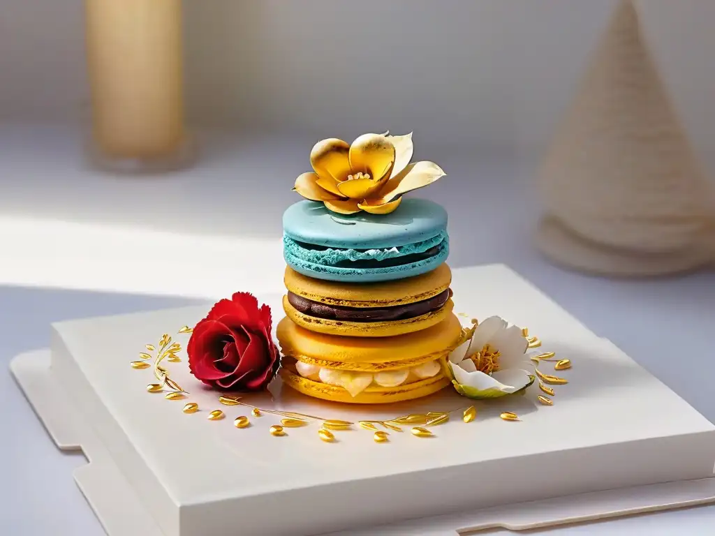 Exquisito festival de postres: torre de macarons pastel decorados con hojas de oro y flores de azúcar