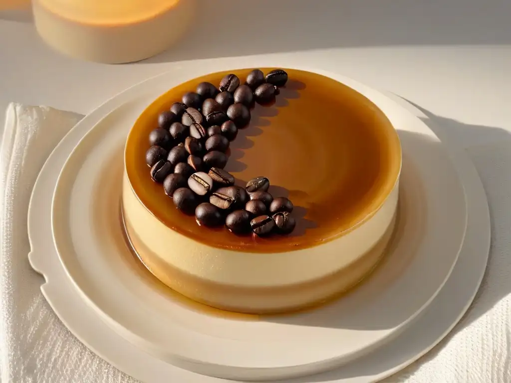 Exquisito flan de café descafeinado en plato de porcelana con cuchara de plata, sobre fondo de tonos espresso