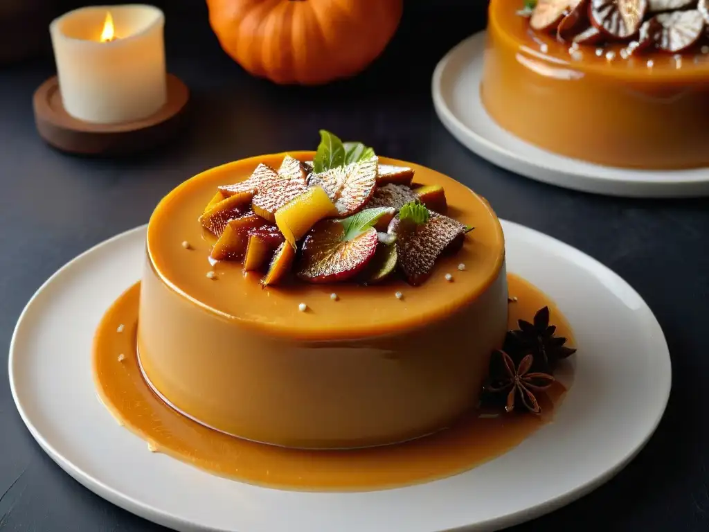 Un exquisito flan de calabaza cremoso y dorado con caramelo, decorado con canela