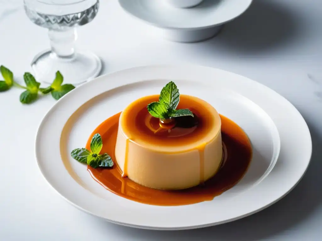 Exquisito flan con caramelo y menta en plato blanco moderno, fondo negro