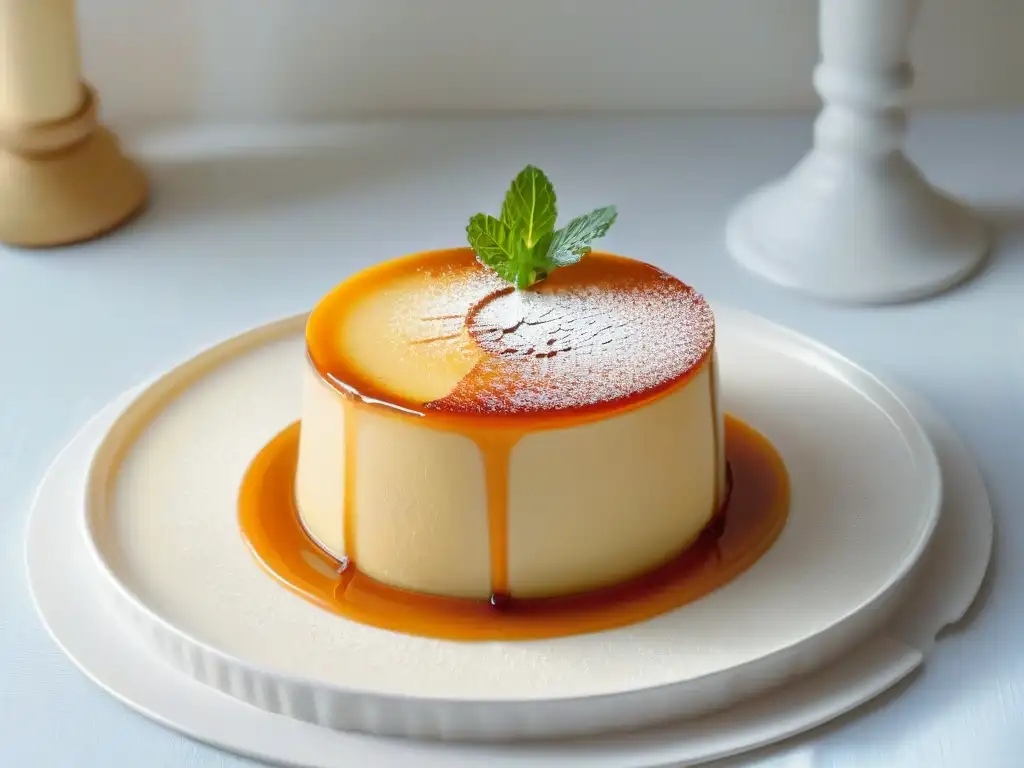 Un exquisito flan casero con caramelo y hoja de menta, listo para deleitar en cumpleaños