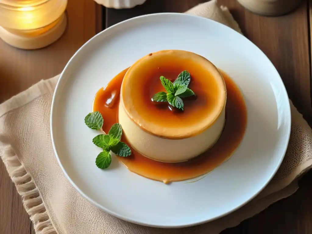 Un exquisito flan casero con textura perfecta, bañado en caramelo y decorado con una hoja de menta