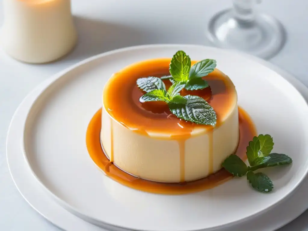 Flan de Crema: Elegancia en un Bocado Un exquisito flan casero con textura perfecta y caramelo dorado, presentado en un plato blanco con una hoja de menta
