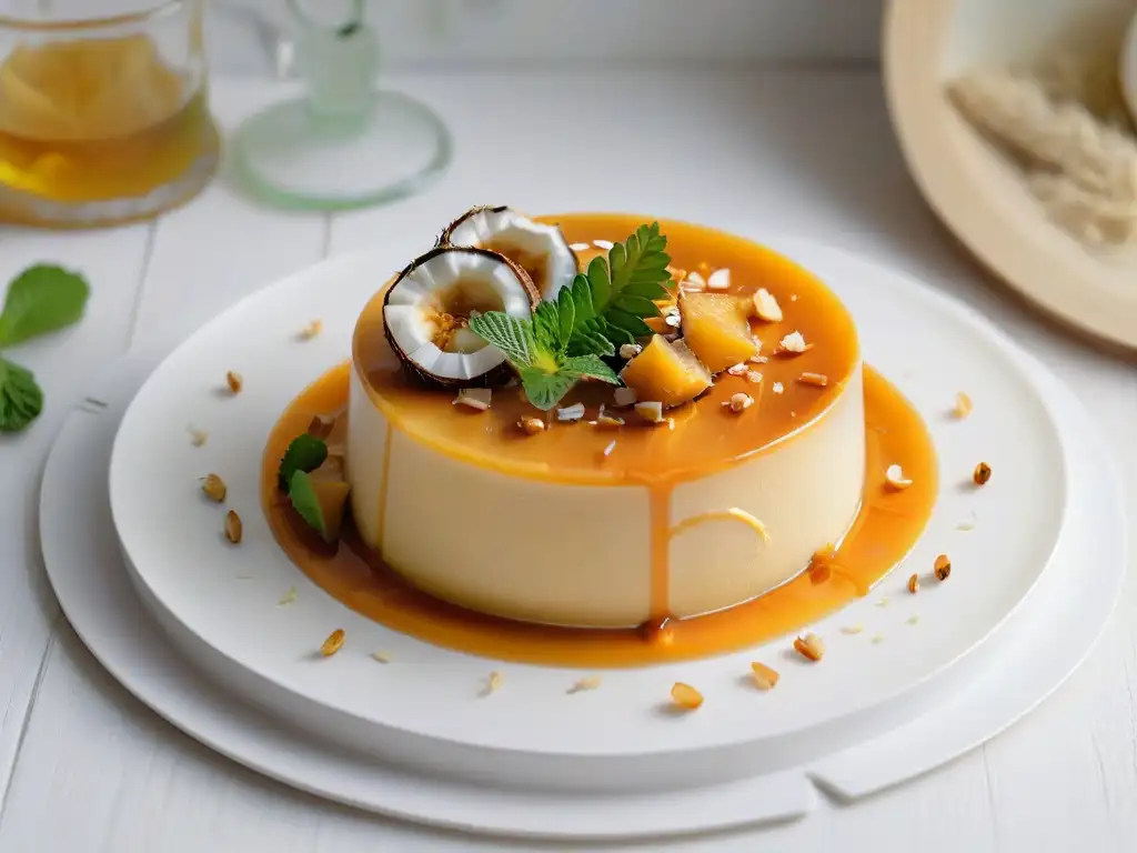 Un exquisito flan de coco caribeño tradicional sobre plato blanco, adornado con coco tostado y menta fresca en un ambiente tropical