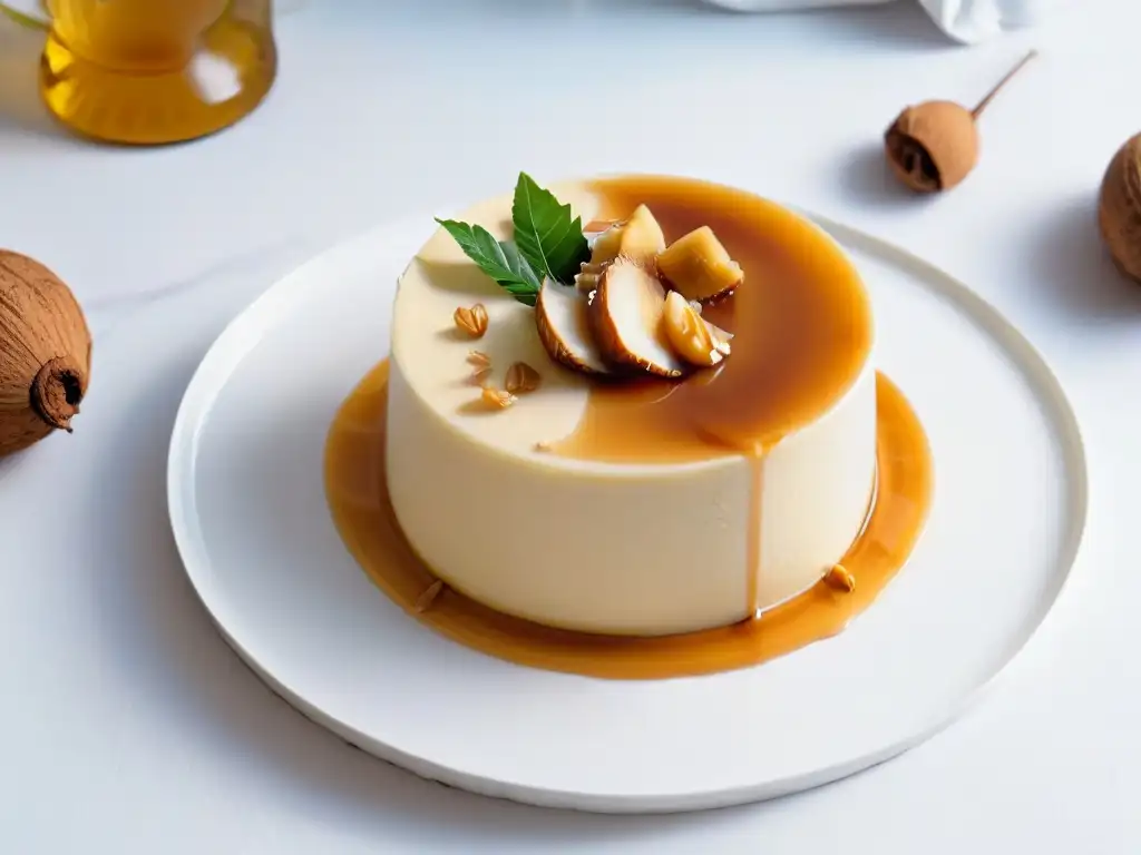 Un exquisito flan de coco caribeño tradicional, adornado con coco tostado, en un entorno sereno y elegante