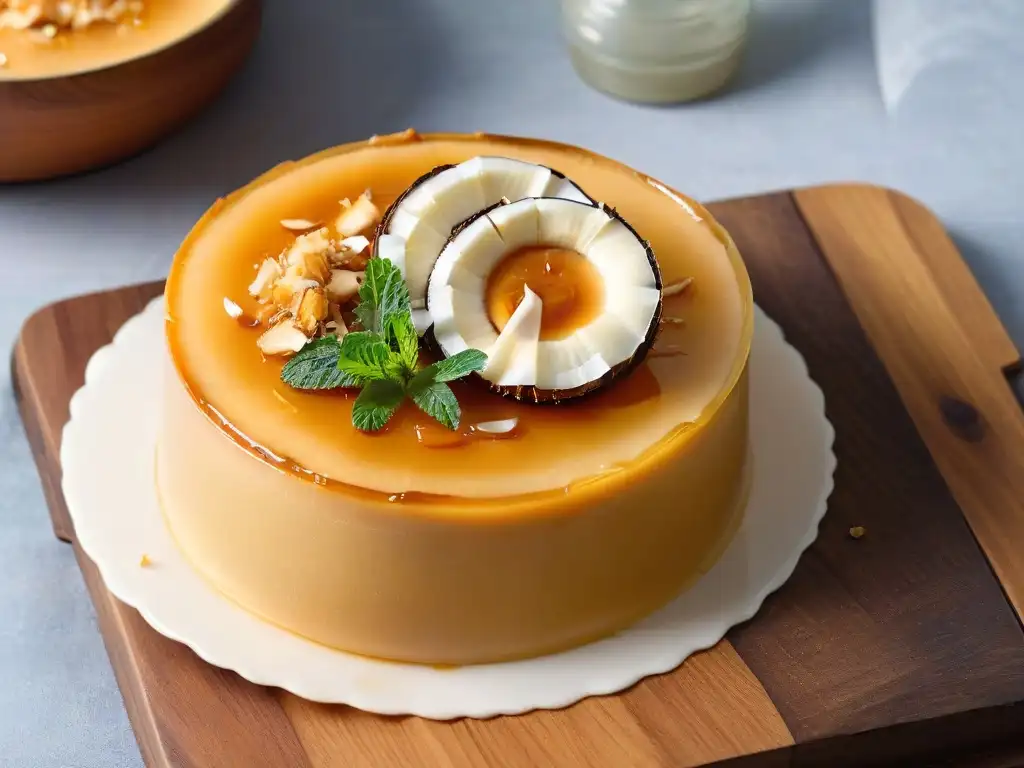 Un exquisito flan de coco caribeño tradicional, con caramelo dorado y hojas de menta fresca, sobre una mesa rústica