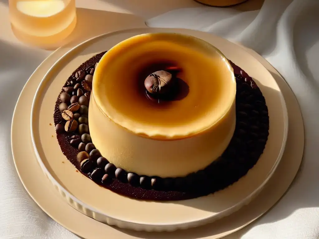 Un exquisito flan de café descafeinado, decorado con un grano de café y una capa de caramelo brillante, sobre un plato moderno