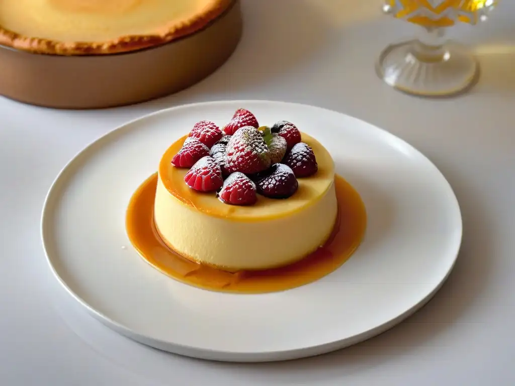Delicioso flan dorado con frambuesa fresca Un exquisito flan dorado en un plato blanco con frambuesa fresca