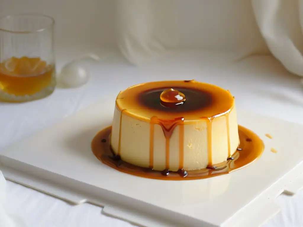 Exquisito flan dorado con caramelo en porcelana blanca Un exquisito flan dorado sobre plato blanco, bañado en caramelo