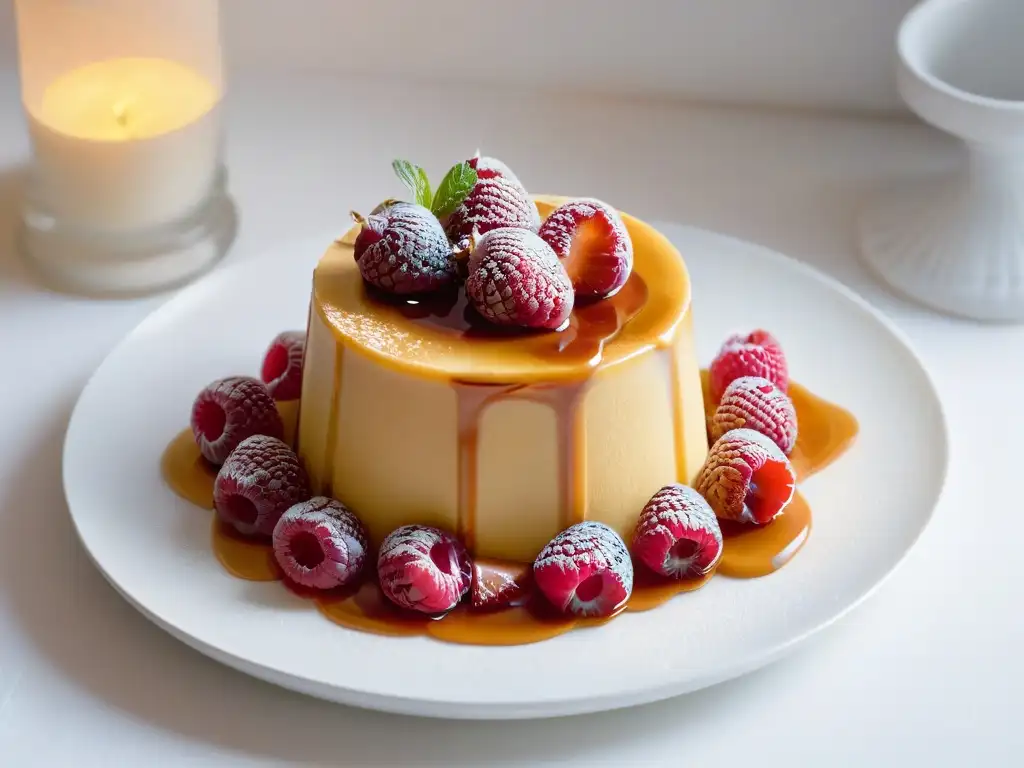 Un exquisito flan de vainilla bajo en calorías con una frambuesa fresca, creando una atmósfera de indulgencia saludable