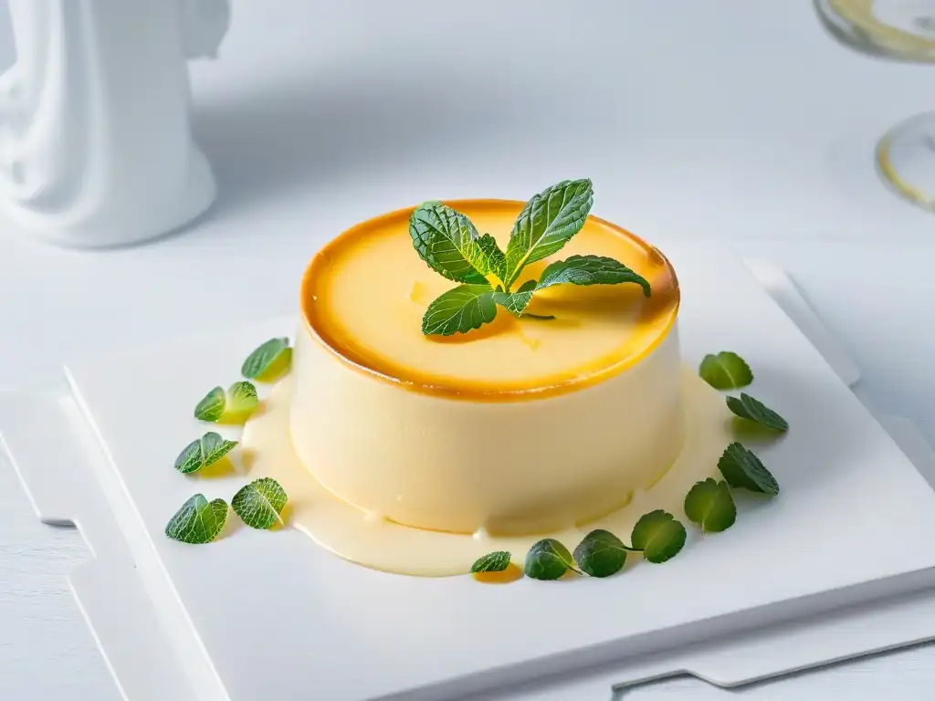 Un exquisito flan de vainilla bajo en calorías, decorado con una hoja de menta, en un elegante plato blanco sobre fondo neutro