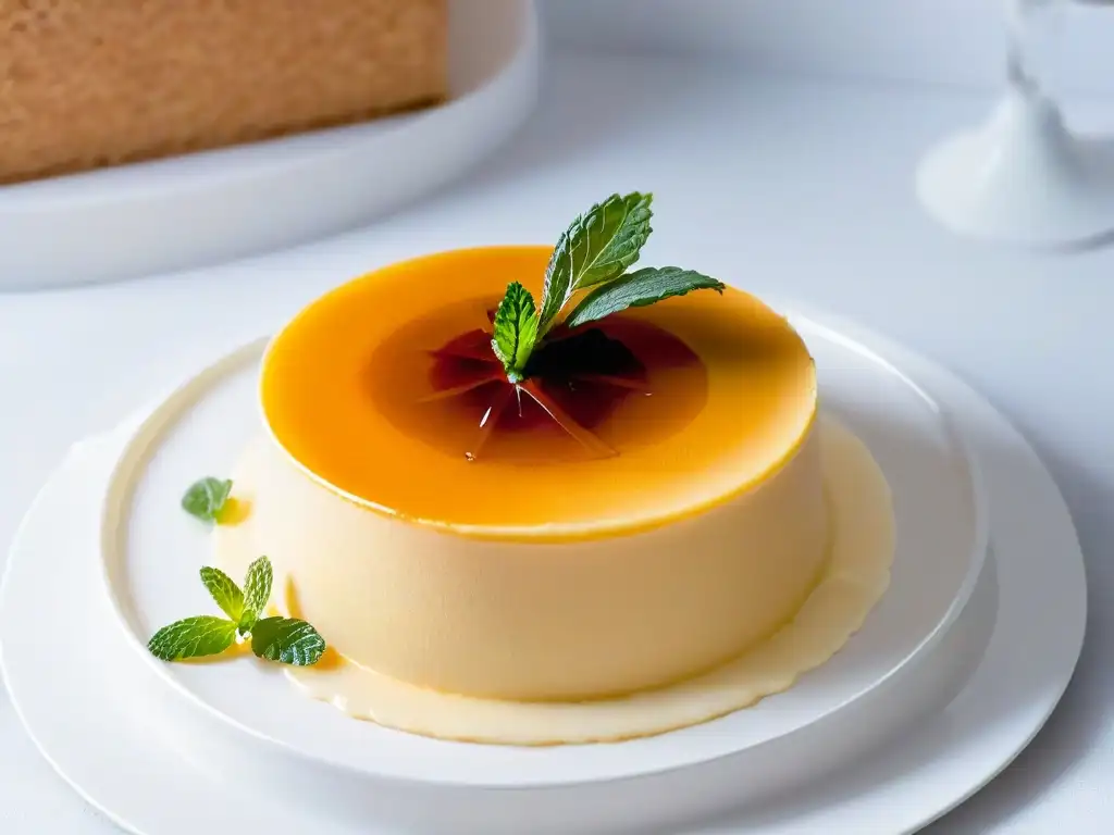 Exquisito flan de vainilla bajo calorías en plato blanco con menta y canela