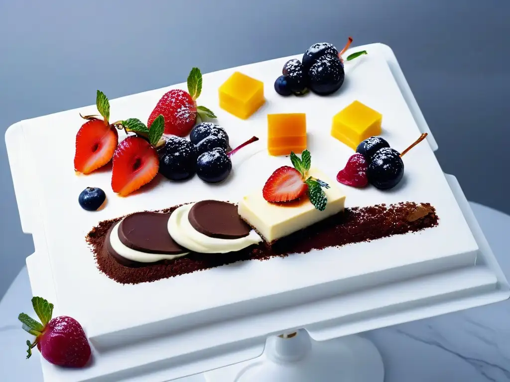 Un exquisito flat lay de postres frescos sin horno: tartas de frutas, cheesecakes y trufas de chocolate en un elegante mostrador de mármol