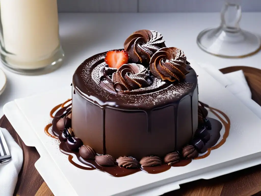 Un exquisito fondant de chocolate oscuro siendo bañado con cacao puro, creando una imagen de indulgencia y sofisticación en repostería saludable