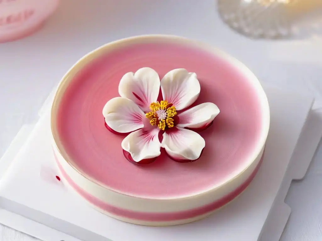 Exquisito Wagashi en forma de flor de cerezo sobre plato blanco