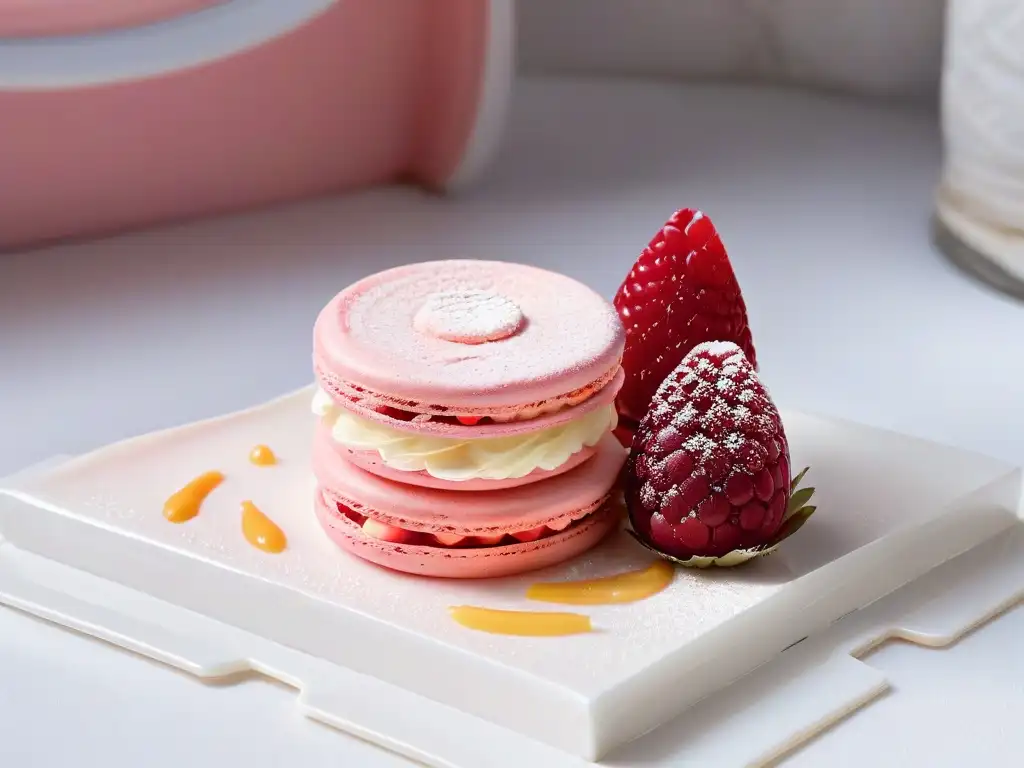 Un exquisito macaron francés con almendra, vainilla y frambuesa en un plato moderno