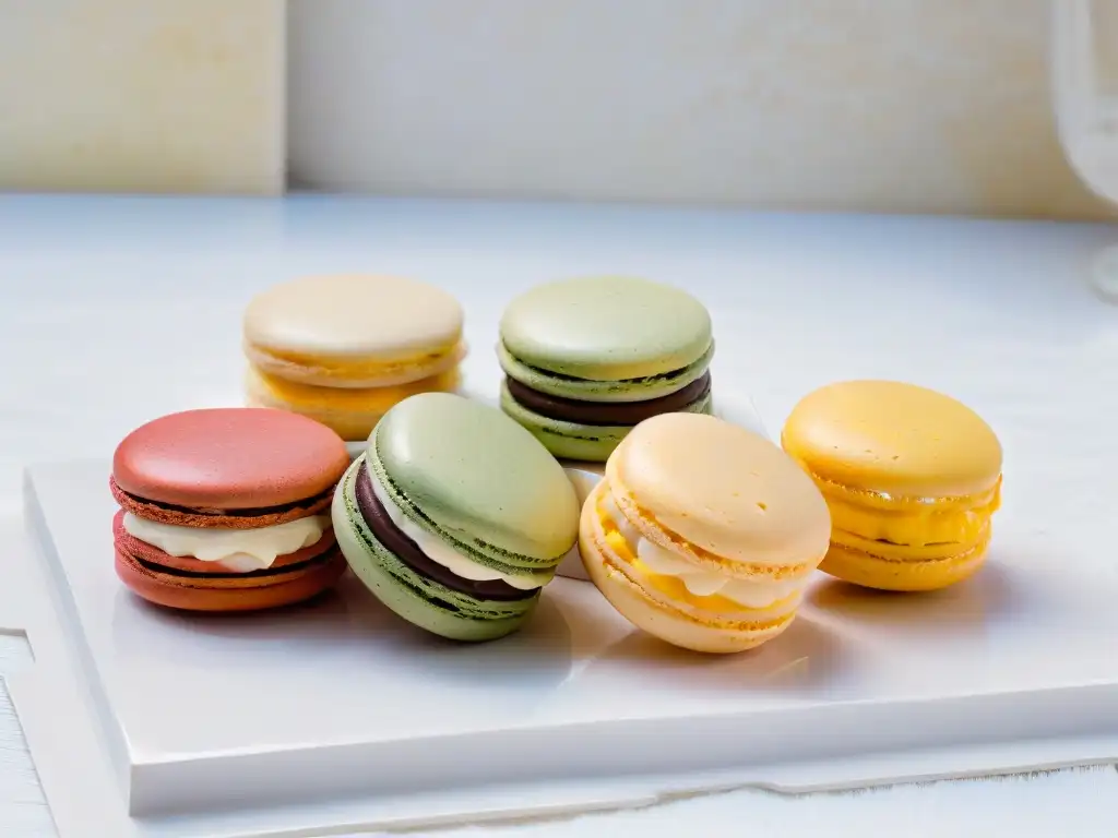 Un exquisito macaron francés en un elegante mostrador de mármol, iluminado por luz natural