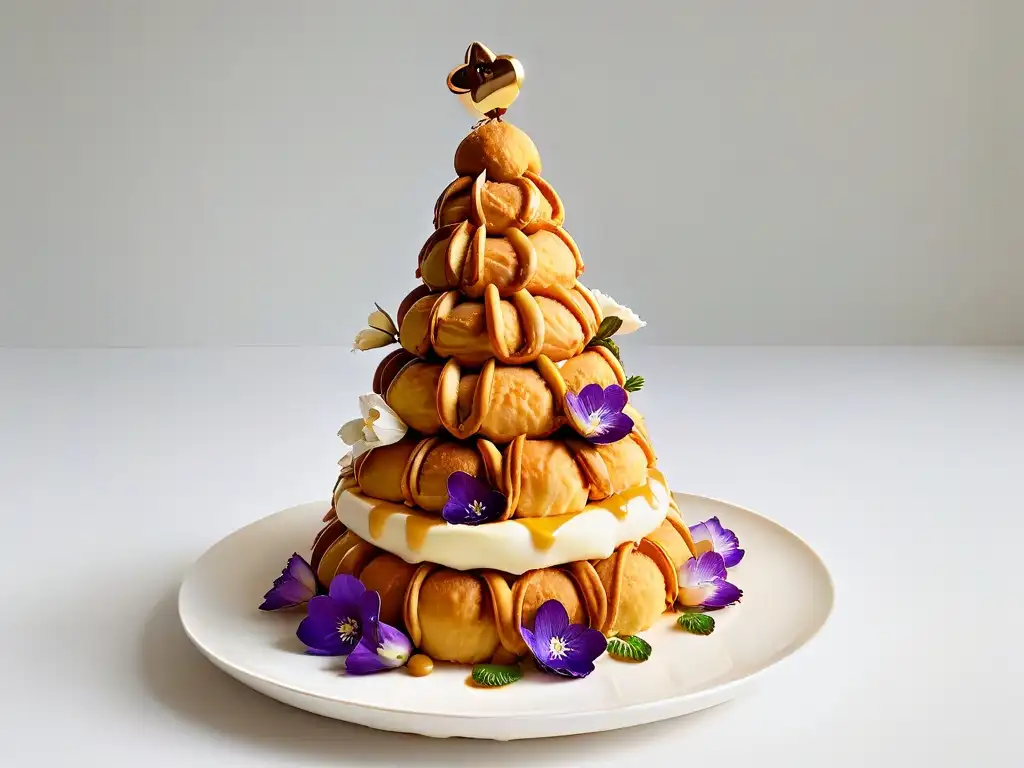 Delicado croquembouche francés: arte en repostería Exquisito croquembouche francés con influencia de repostería, postres innovadores