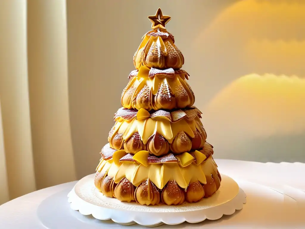 Un exquisito croquembouche francés, postre de boda tradicional global, con profiteroles caramelizados y adornos de azúcar