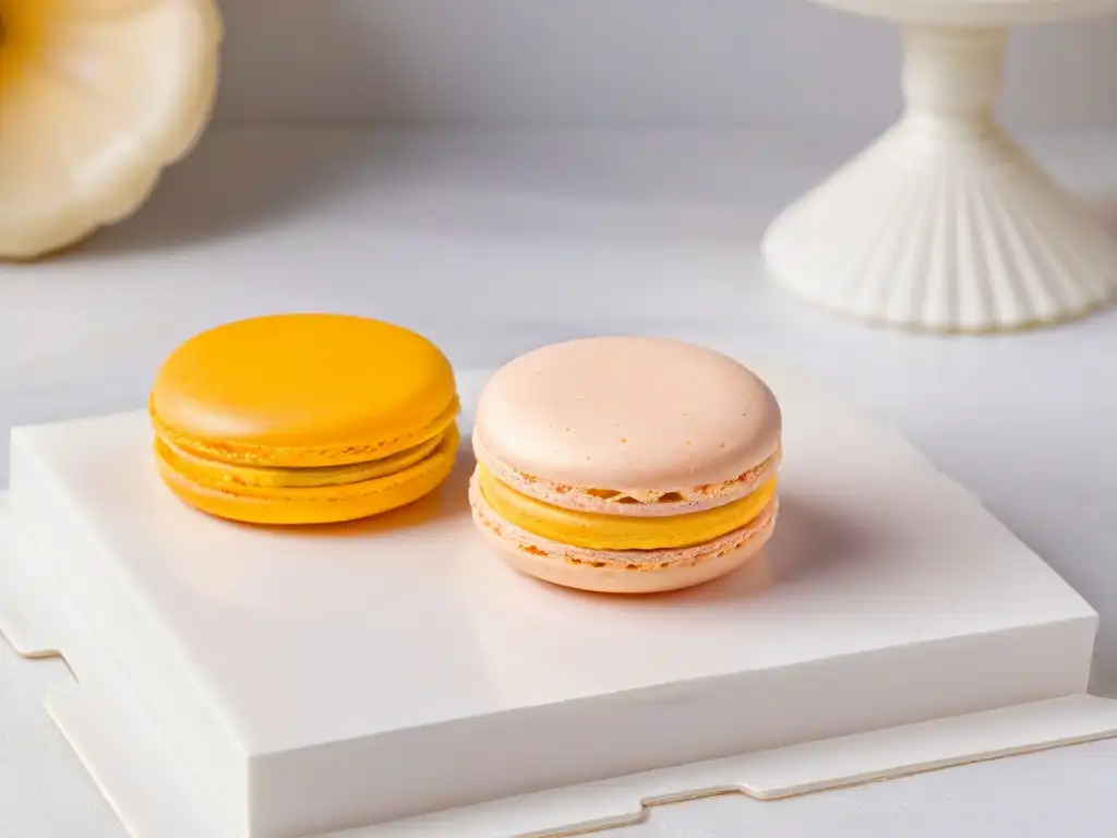 Un exquisito macaron francés en tono rosado sobre mármol blanco impecable