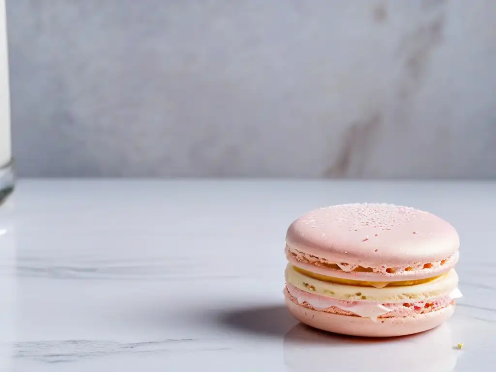 Un exquisito macaron francés con tonos pastel sobre elegante encimera de mármol