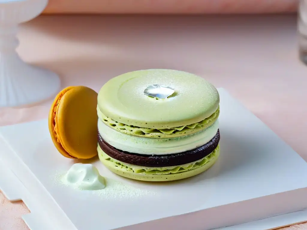 Macaron artesanal con ganache de aceites esenciales: detalle exquisito Exquisito macaron con ganache de aceites esenciales comestibles, detallado y elegante