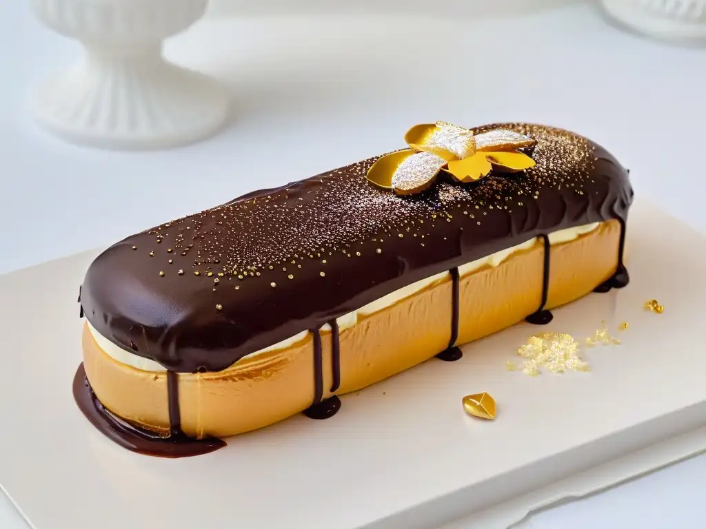 Un exquisito éclair con ganache de chocolate y hoja de oro, muestra las técnicas pastelería élite globales