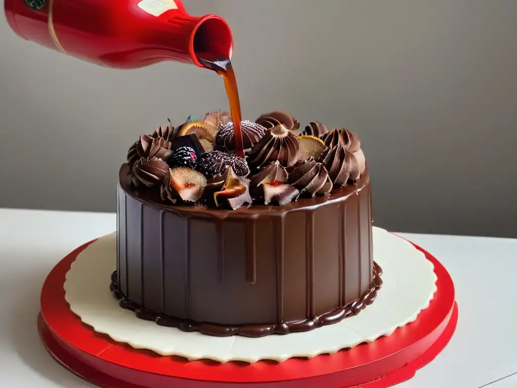 Un exquisito ganache de chocolate se vierte sobre un pastel multilayer, mostrando texturas perfectas en repostería