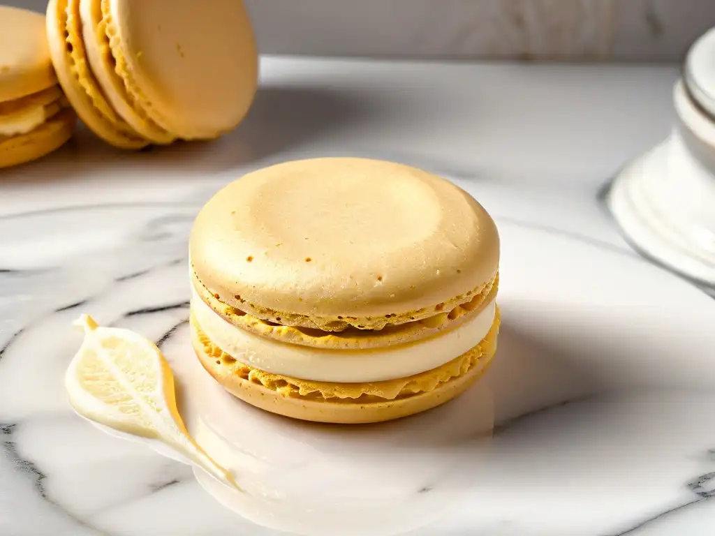 Exquisito macaron sin gluten dorado sobre encimera de mármol