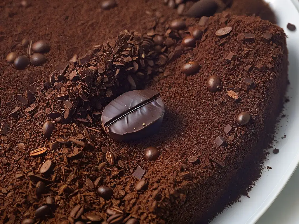 Un exquisito grano de café sobre virutas de chocolate, en una composición elegante