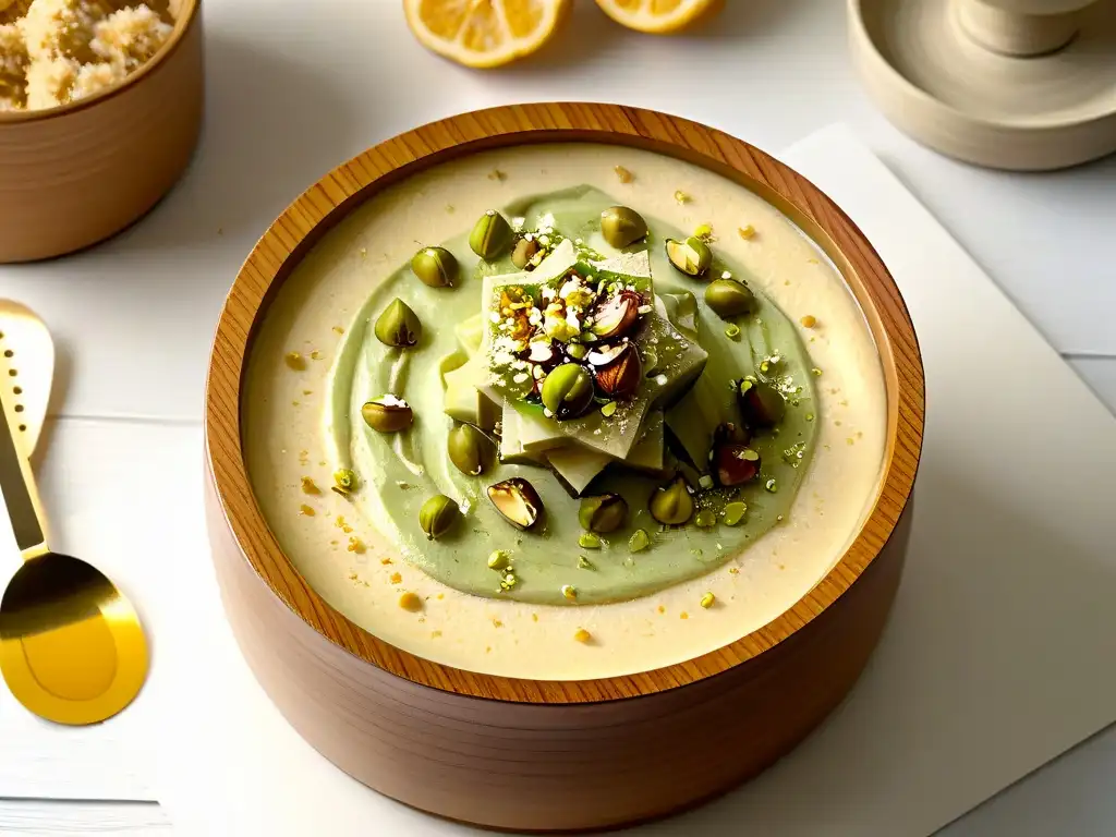 Exquisito halva africano: bol de madera con halva dorado, pistachos y miel, sobre fondo blanco