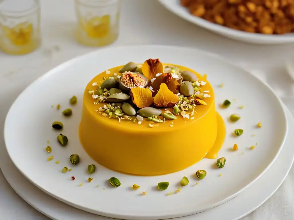 Un exquisito halwa dorado con pistachos y azafrán, sobre plato blanco con patrón geométrico