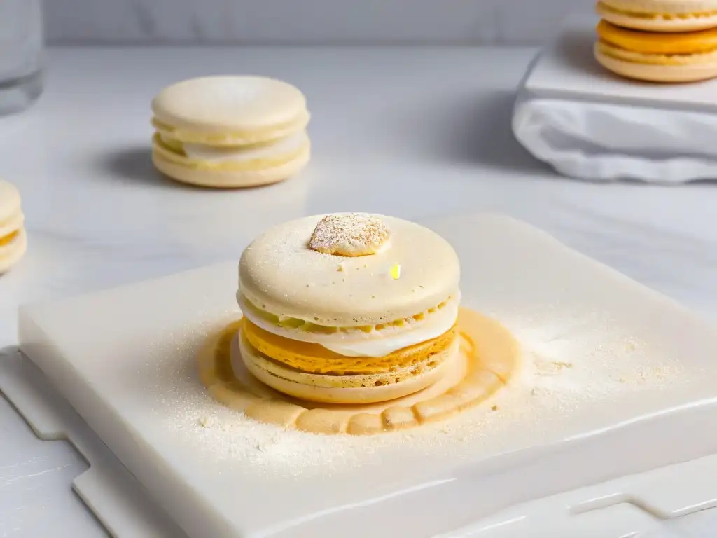 Un exquisito macaron de harina de almendra con destellos de oro comestible sobre encimera de mármol blanco