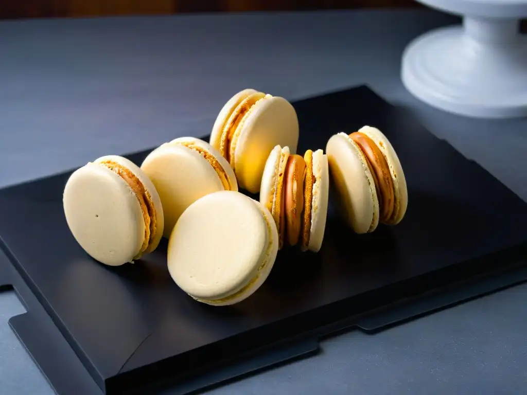 Exquisito macaron de harina de almendras con crema de almendra, sobre elegante plato negro